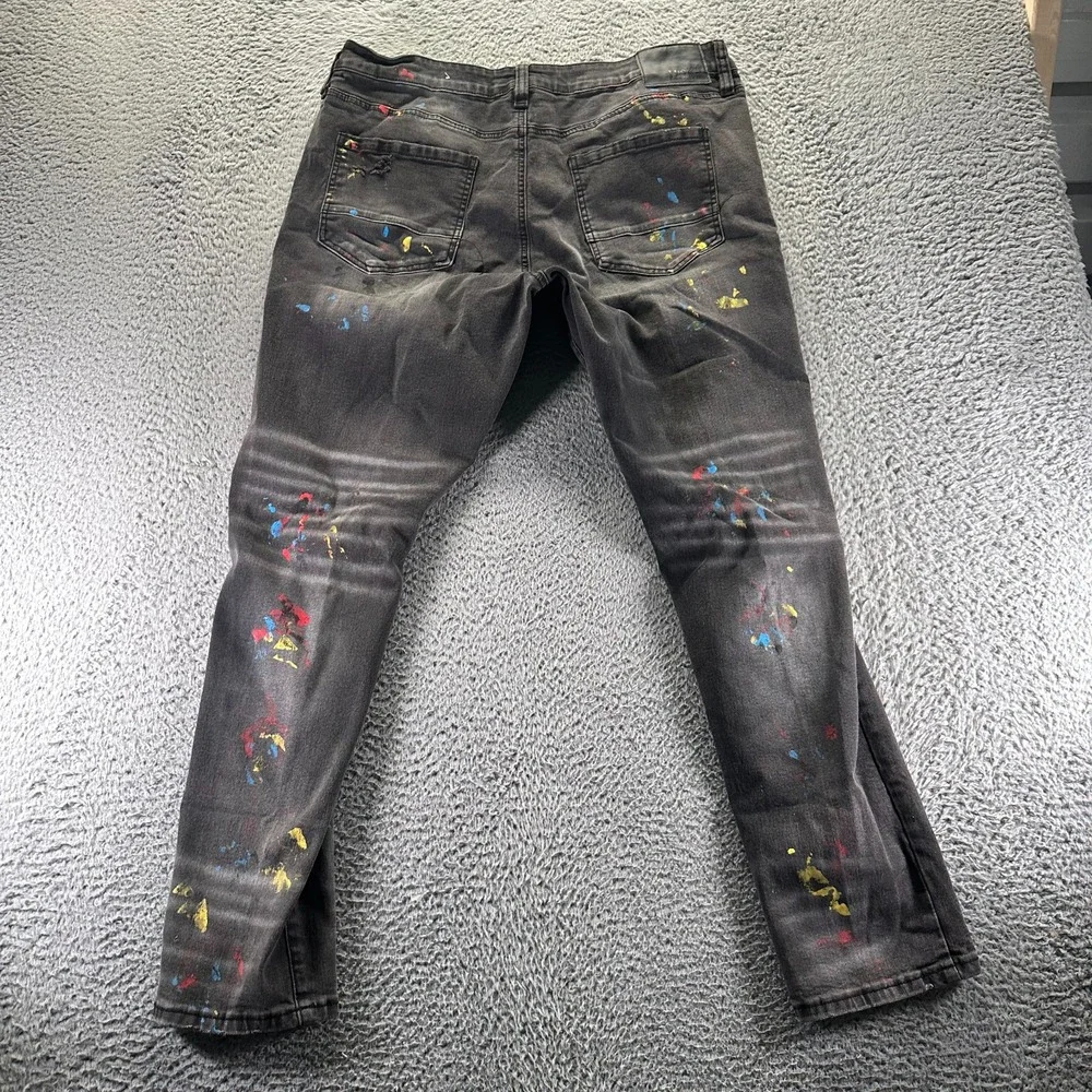 Rue 21 Supreme Flex Premium Jeans Mens 38x32 Black Denim Tapered Paint‎ Splatter